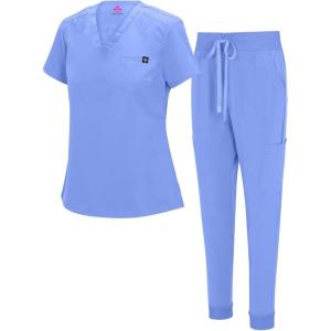 Natural Uniforms Womens Cool Stretch Modern Tuck-In Top Yoga Jogger Scrub Set with Regular and Petite Sizes(Ceil Blue)
