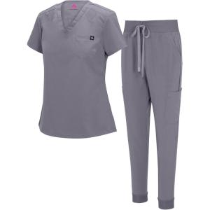 Natural Uniforms Womens Cool Stretch Modern Tuck-In Top Yoga Jogger Scrub Set with Regular and Petite Sizes(Charcoal)