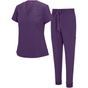 Natural Uniforms Womens Cool Stretch Modern Tuck-In Top Yoga Jogger Scrub Set with Regular and Petite Sizes(Eggplant)