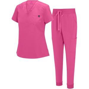 Natural Uniforms Womens Cool Stretch Modern Tuck-In Top Yoga Jogger Scrub Set with Regular and Petite Sizes(Hot Pink)