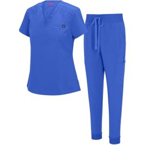 Natural Uniforms Womens Cool Stretch Modern Tuck-In Top Yoga Jogger Scrub Set with Regular and Petite Sizes(True Royal Blue)