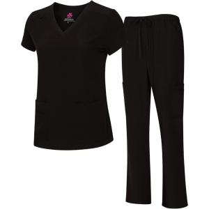 Natural Uniforms Women’s Cool Stretch V-Neck Top and Cargo Pant Scrub Set with Regular and Petite Sizes(Black)