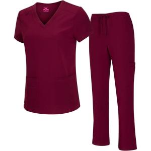 Natural Uniforms Women’s Cool Stretch V-Neck Top and Cargo Pant Scrub Set with Regular and Petite Sizes(Burgundy)
