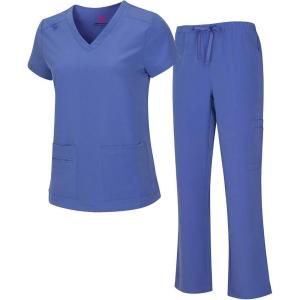 Natural Uniforms Women’s Cool Stretch V-Neck Top and Cargo Pant Scrub Set with Regular and Petite Sizes(Ceil Blue)