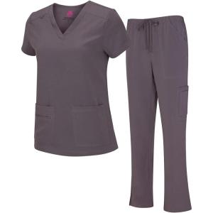Natural Uniforms Women’s Cool Stretch V-Neck Top and Cargo Pant Scrub Set with Regular and Petite Sizes(Charcoal)