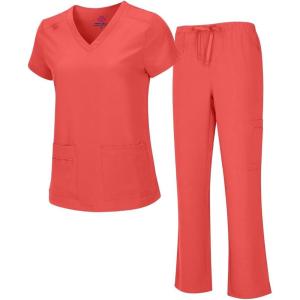 Natural Uniforms Women’s Cool Stretch V-Neck Top and Cargo Pant Scrub Set with Regular and Petite Sizes(Coral)