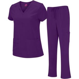 Natural Uniforms Women’s Cool Stretch V-Neck Top and Cargo Pant Scrub Set with Regular and Petite Sizes(Eggplant)