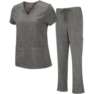 Natural Uniforms Women’s Cool Stretch V-Neck Top and Cargo Pant Scrub Set with Regular and Petite Sizes(Heather Grey)