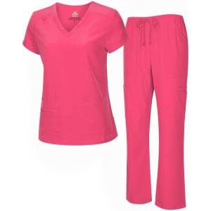 Natural Uniforms Women’s Cool Stretch V-Neck Top and Cargo Pant Scrub Set with Regular and Petite Sizes(Hot Pink)
