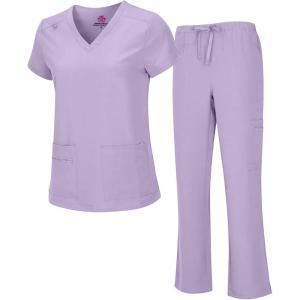 Natural Uniforms Women’s Cool Stretch V-Neck Top and Cargo Pant Scrub Set with Regular and Petite Sizes(Lavender)