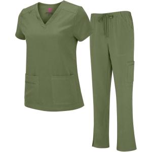 Natural Uniforms Women’s Cool Stretch V-Neck Top and Cargo Pant Scrub Set with Regular and Petite Sizes(Olive)