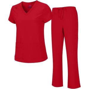 Natural Uniforms Women’s Cool Stretch V-Neck Top and Cargo Pant Scrub Set with Regular and Petite Sizes(Red)