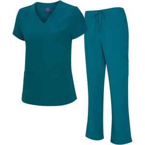 Natural Uniforms Women’s Cool Stretch V-Neck Top and Cargo Pant Scrub Set with Regular and Petite Sizes(Teal)