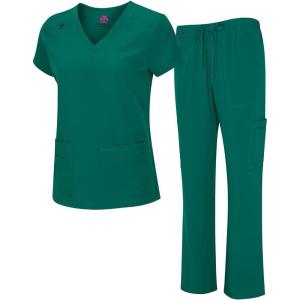 Natural Uniforms Women’s Cool Stretch V-Neck Top and Cargo Pant Scrub Set with Regular and Petite Sizes(True Hunter Green)