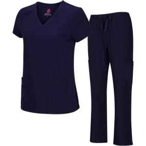Natural Uniforms Women’s Cool Stretch V-Neck Top and Cargo Pant Scrub Set with Regular and Petite Sizes(True Navy Blue)
