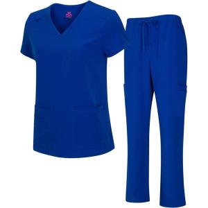 Natural Uniforms Women’s Cool Stretch V-Neck Top and Cargo Pant Scrub Set with Regular and Petite Sizes(True Royal Blue)