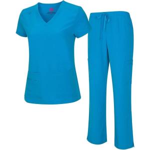 Natural Uniforms Women’s Cool Stretch V-Neck Top and Cargo Pant Scrub Set with Regular and Petite Sizes(Water Blue)