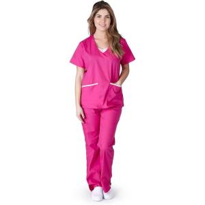 Natural Uniforms Women’s Scrub Set Medical Scrub Top and Pants(Hot Pink Set / Pink Trim)