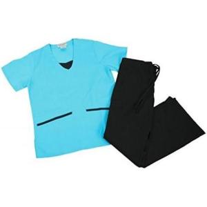 Natural Uniforms Women’s Scrub Set Medical Scrub Top and Pants(Water Blue Set / Black Trim)