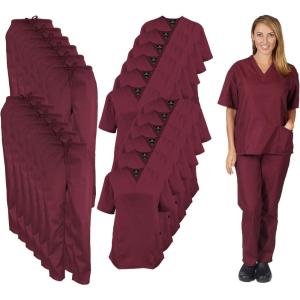 Natural Uniforms Women’s Scrub Set Medical Scrub Tops and Pants – Pack of 12 Set(Burgundy)