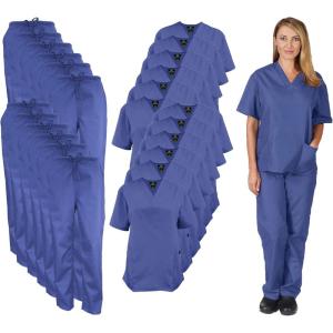 Natural Uniforms Women’s Scrub Set Medical Scrub Tops and Pants – Pack of 12 Set(Ceil Blue)