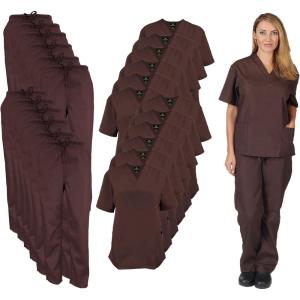 Natural Uniforms Women’s Scrub Set Medical Scrub Tops and Pants – Pack of 12 Set(Chocolate)