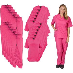 Natural Uniforms Women’s Scrub Set Medical Scrub Tops and Pants – Pack of 12 Set(Hot Pink)