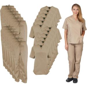 Natural Uniforms Women’s Scrub Set Medical Scrub Tops and Pants – Pack of 12 Set(Khaki)