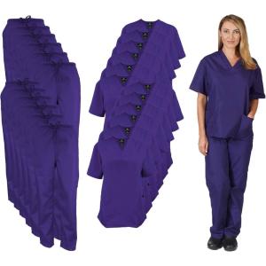 Natural Uniforms Women’s Scrub Set Medical Scrub Tops and Pants – Pack of 12 Set(Purple)