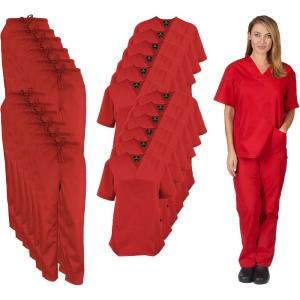 Natural Uniforms Women’s Scrub Set Medical Scrub Tops and Pants – Pack of 12 Set(Red)