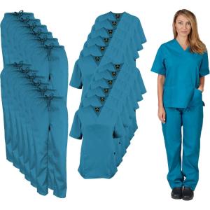 Natural Uniforms Women’s Scrub Set Medical Scrub Tops and Pants – Pack of 12 Set(Teal)