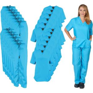 Natural Uniforms Women’s Scrub Set Medical Scrub Tops and Pants – Pack of 12 Set(Water Blue)