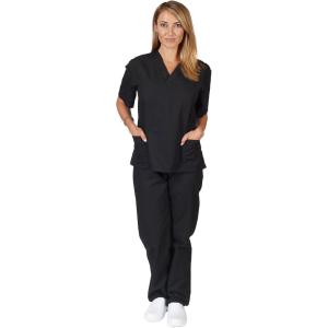 Natural Uniforms Women’s Solid V-Neck Scrub Set Medical Scrub Tops and Pants(Black)