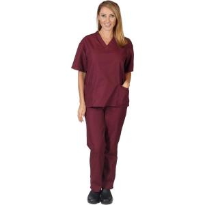 Natural Uniforms Women’s Solid V-Neck Scrub Set Medical Scrub Tops and Pants(Burgundy)