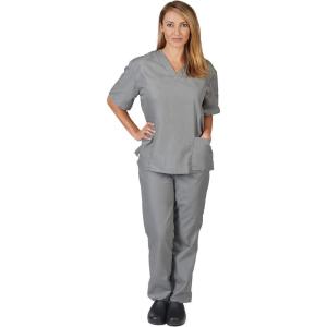 Natural Uniforms Women’s Solid V-Neck Scrub Set Medical Scrub Tops and Pants(Grey)