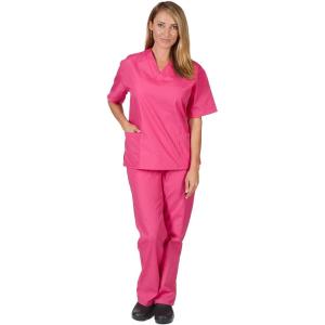 Natural Uniforms Women’s Solid V-Neck Scrub Set Medical Scrub Tops and Pants(Hot Pink)