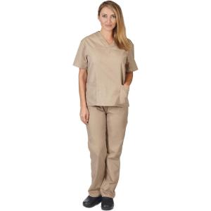 Natural Uniforms Women’s Solid V-Neck Scrub Set Medical Scrub Tops and Pants(Khaki)