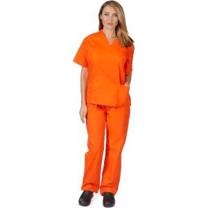 Natural Uniforms Women’s Solid V-Neck Scrub Set Medical Scrub Tops and Pants(Orange)