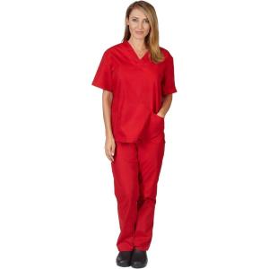 Natural Uniforms Women’s Solid V-Neck Scrub Set Medical Scrub Tops and Pants(Red)
