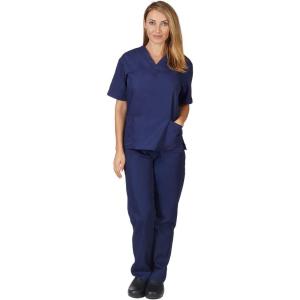 Natural Uniforms Women’s Solid V-Neck Scrub Set Medical Scrub Tops and Pants(True Navy Blue)