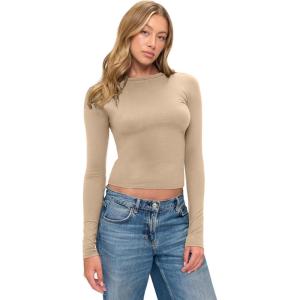 Natural Uniforms Womens Super Soft, Super Stretch Y2K Long Sleeve Baby Tee Crop Top(Sand)