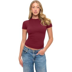 Natural Uniforms Womens Super Soft, Super Stretch Y2K Short Sleeve Baby Tee Crop Top(Burgundy)