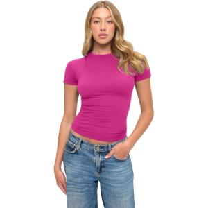 Natural Uniforms Womens Super Soft, Super Stretch Y2K Short Sleeve Baby Tee Crop Top(Hot Pink)