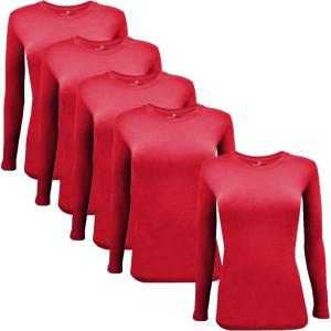 Natural Uniforms Women’s Under Scrub Tee Crew Neck Long Sleeve T-Shirt-5-Pack(Red)