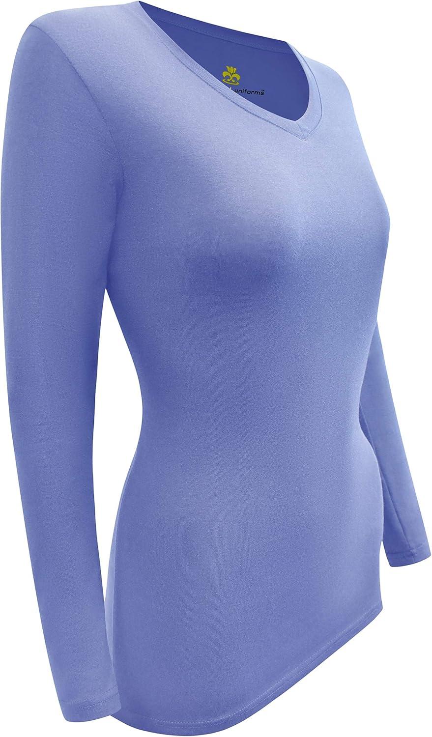 imageMampM Scrubs Womens Long Sleeve VNeck Under Scrub Stretch TShirt3PackCeil Blue