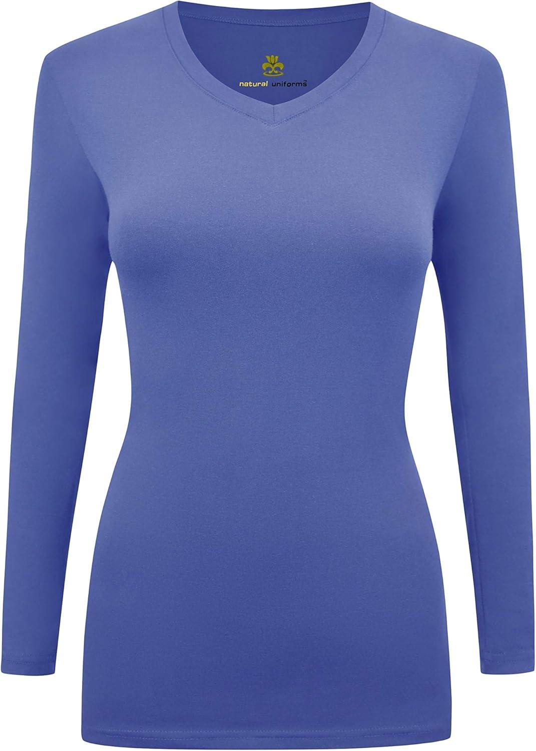 imageMampM Scrubs Womens Long Sleeve VNeck Under Scrub Stretch TShirt3PackCeil Blue