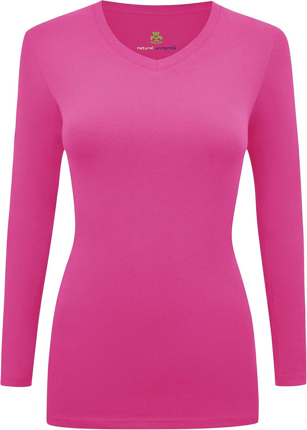 imageMampM Scrubs Womens Long Sleeve VNeck Under Scrub Stretch TShirt3PackHot Pink
