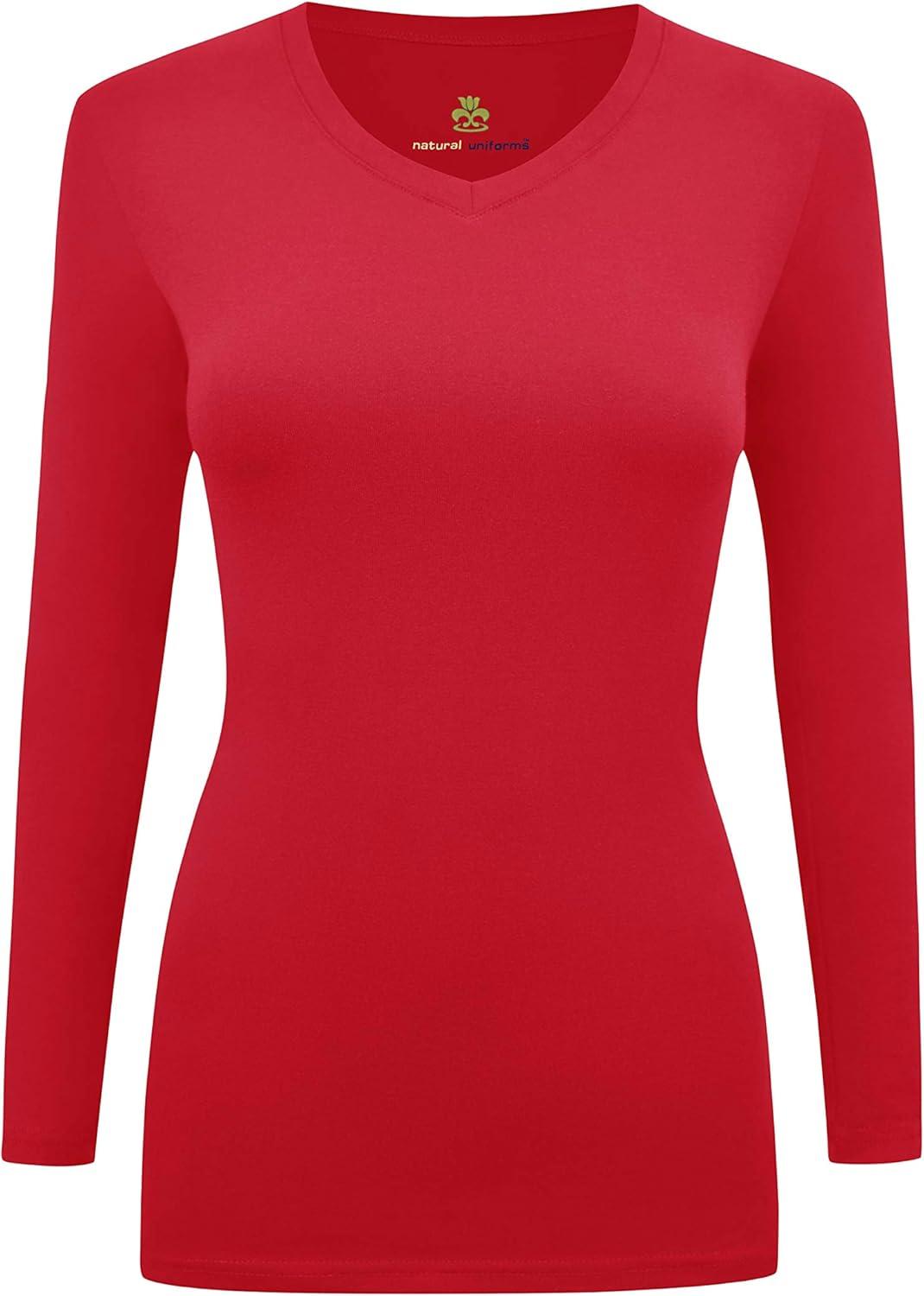 imageMampM Scrubs Womens Long Sleeve VNeck Under Scrub Stretch TShirt3PackRed