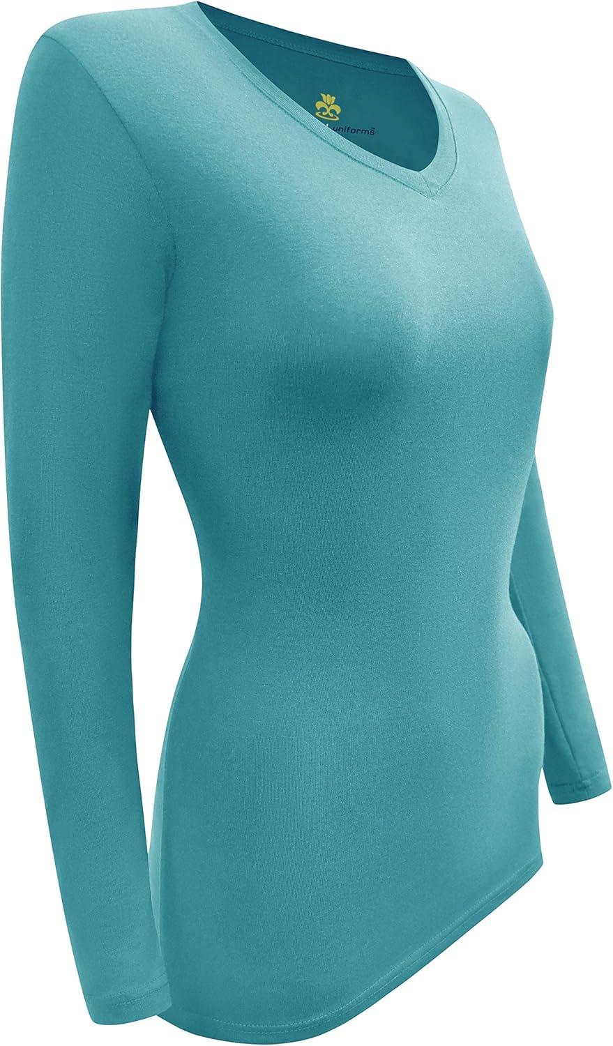 imageMampM Scrubs Womens Long Sleeve VNeck Under Scrub Stretch TShirt3PackTeal Blue