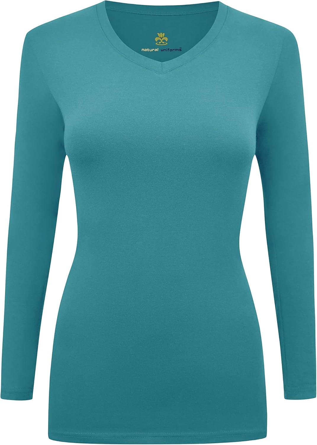 imageMampM Scrubs Womens Long Sleeve VNeck Under Scrub Stretch TShirt3PackTeal Blue